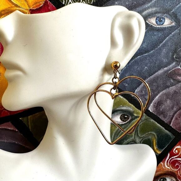 Gold tone double heart dangling earrings - Picture 2 of 4